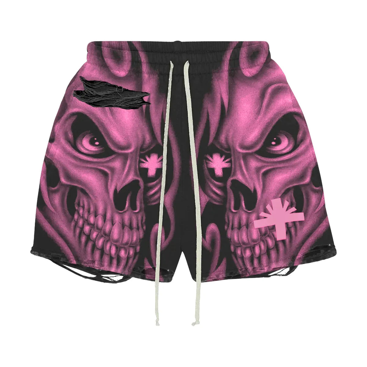 VERTABRAE black distressed shorts with two pink flaming skulls, pink asterisks, white drawstrings, rips & frayed hems.