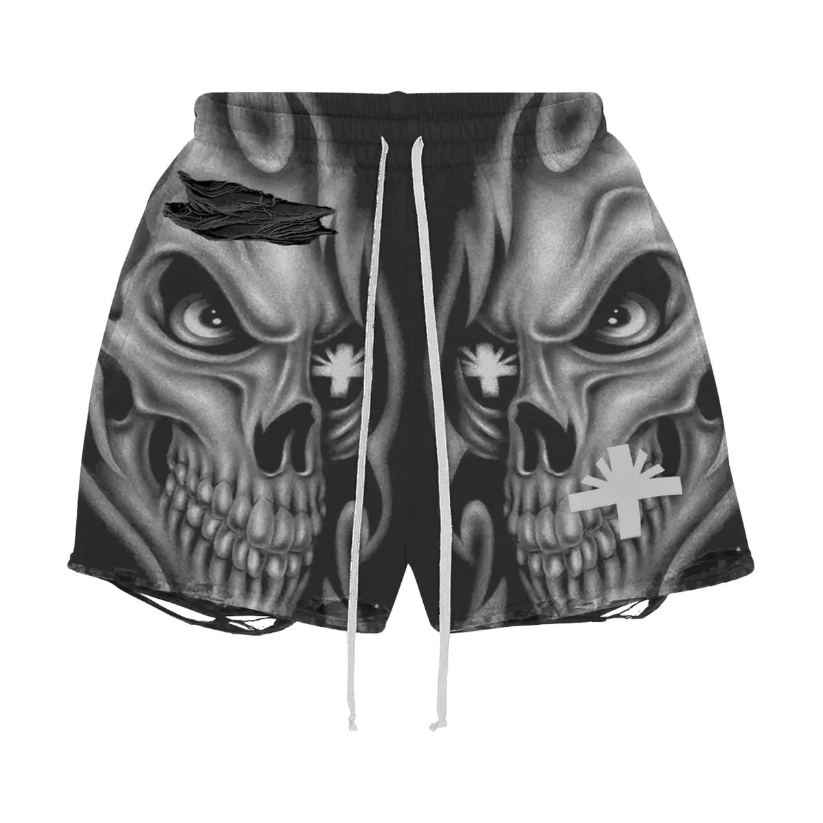 VERTABRAE black/white Skull Storm distressed shorts featuring angry skull graphics, rips on left thigh, frayed hems, and white drawstrings.