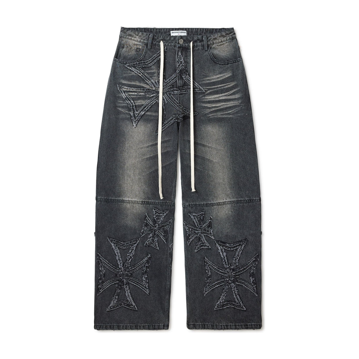 Vale Forever Croxxx black distressed wide-leg denim jeans with large frayed cross patches, white drawstring.