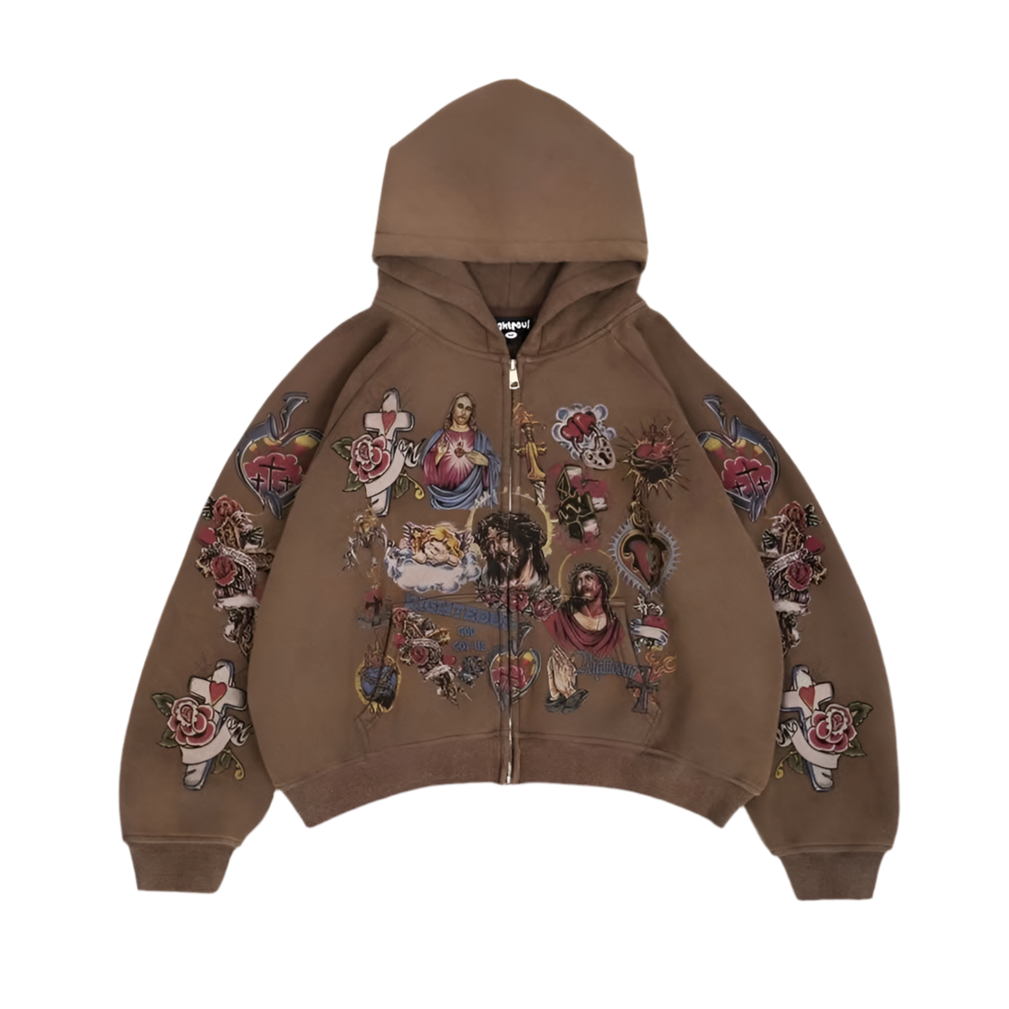 Brown cropped zip-up hoodie with religious graphics: Jesus, Mary, crosses, sacred hearts, roses, and "Righteous" text.