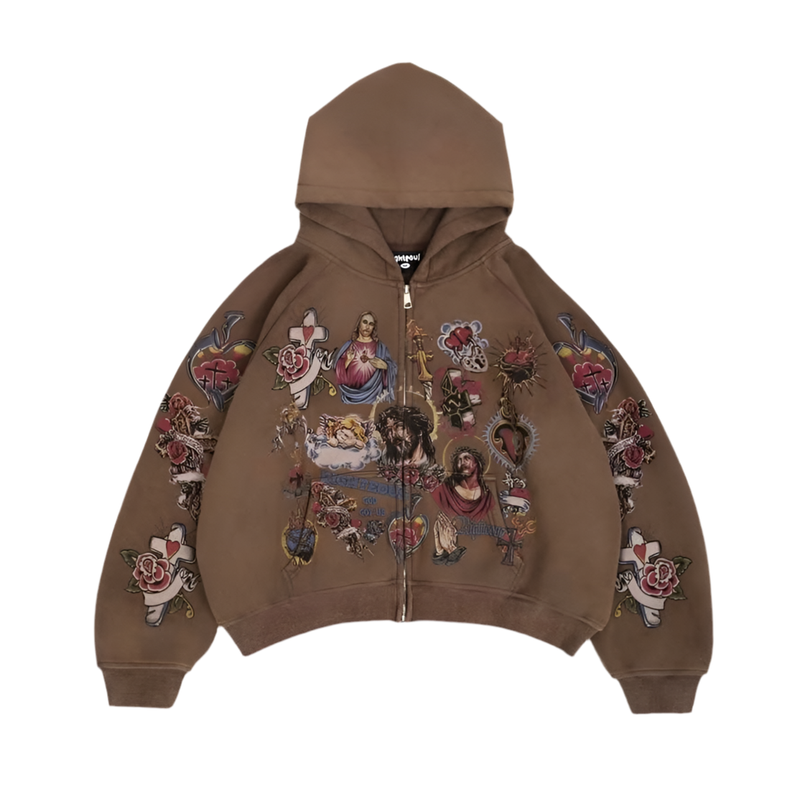 We Are Righteous - Risen King Cropped Zip-Up - Brown