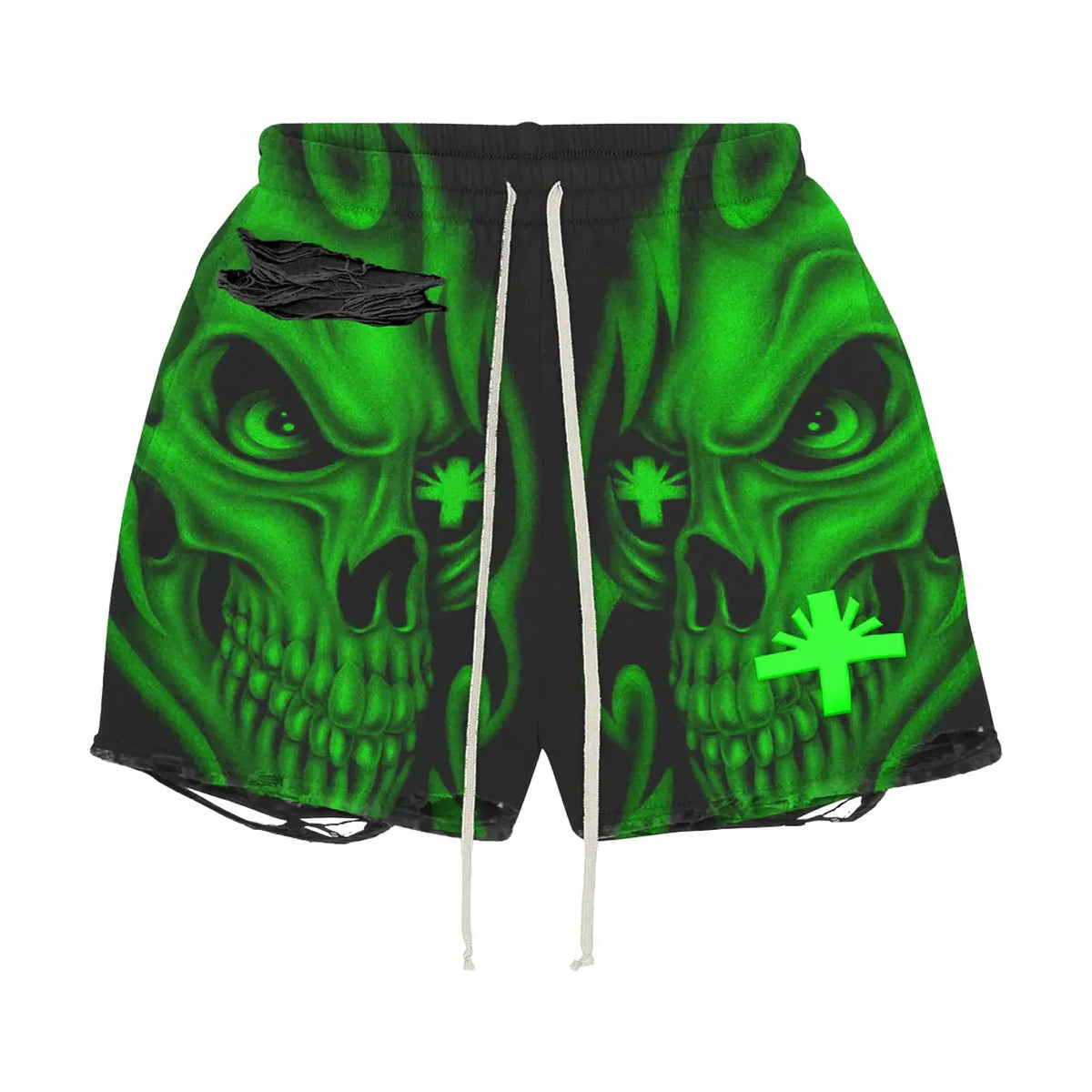 Distressed black VERTABRAE Skull Storm shorts with vibrant green skull graphic, green star symbols, and rips.