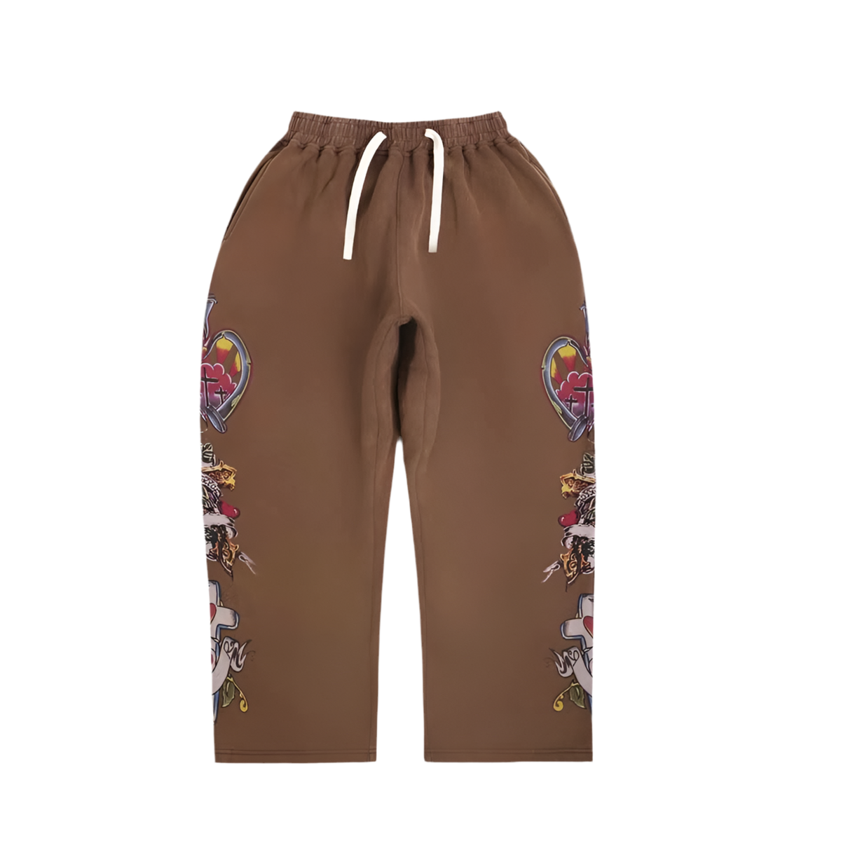 Brown sweatpants with elastic waist, white drawstring, and colorful tattoo-style "Risen King" heart, cross, and crown graphics on both legs.