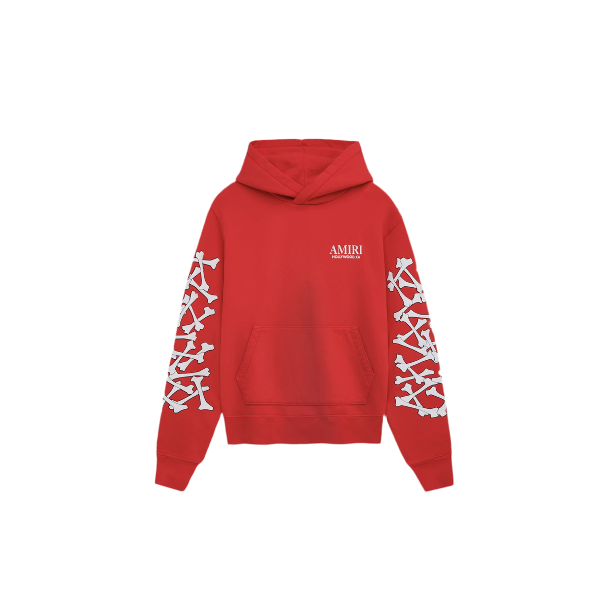 Red AMIRI hoodie featuring white stacked bone graphics on sleeves, 'AMIRI HOLLYWOOD, CA' logo on chest, and a kangaroo pocket.
