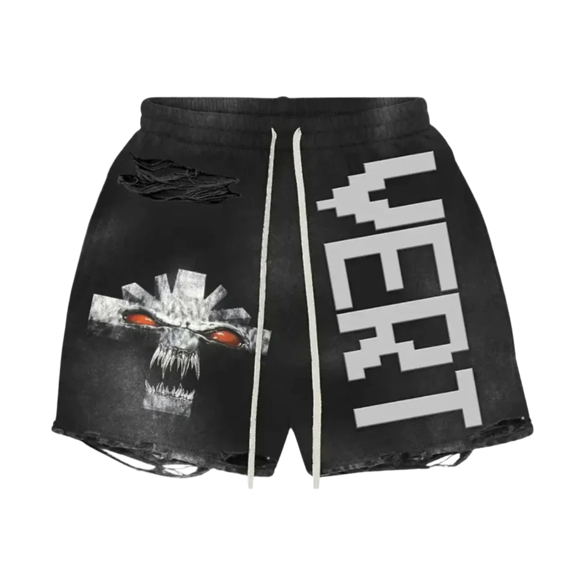 Black VERTABRAE distressed shorts. Left leg: gray Vonster Cross skull with red eyes. Right leg: blocky white "VERT" text. White drawstrings.