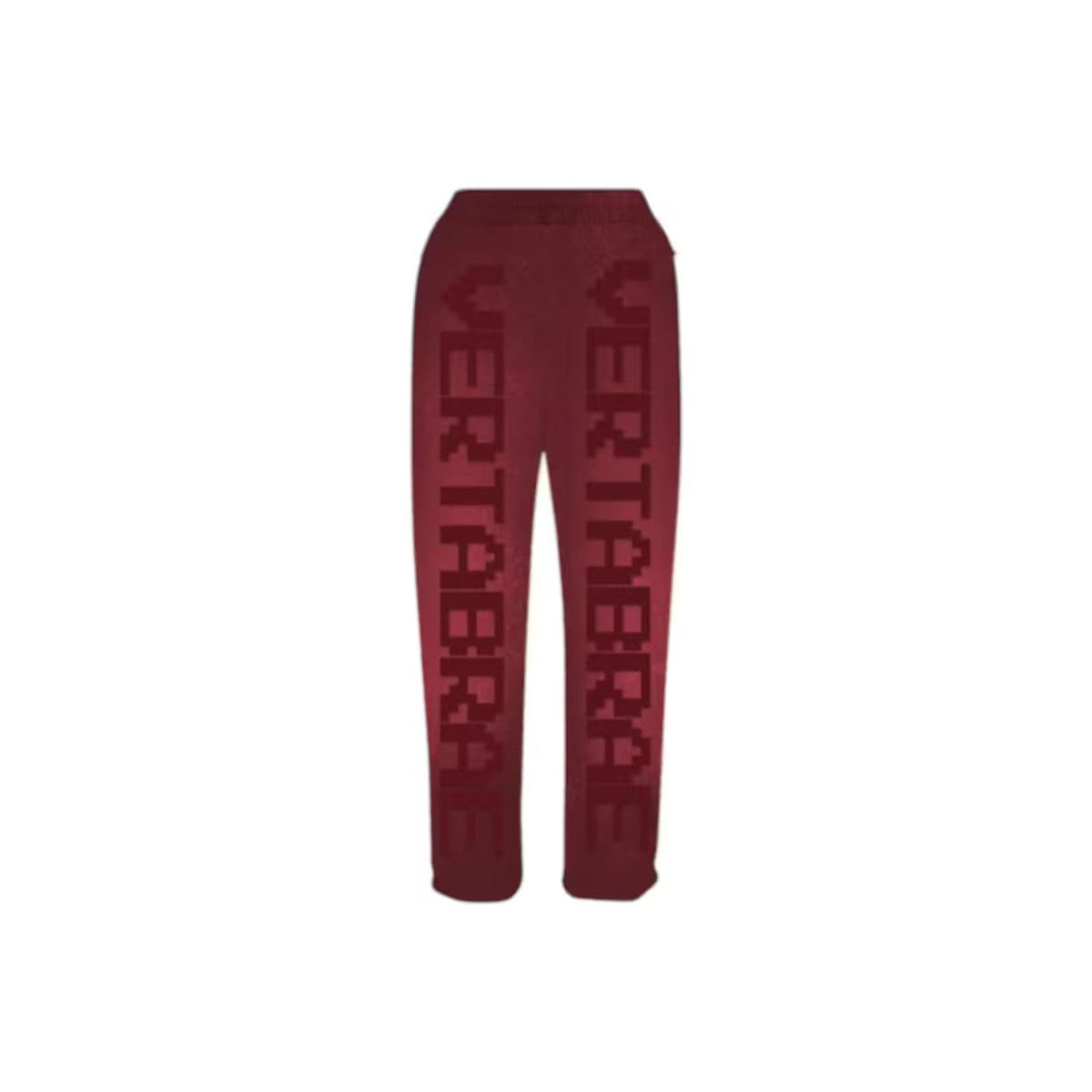 Burgundy/Crimson VERTABRAE sweatpants with the brand name displayed vertically down each pant leg in a darker tone.