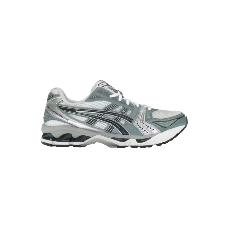 ASICS Gel-Kayano 14 sneaker, Fjord Grey with light mesh, dark stripes, and metallic silver accents on a white/black sole.