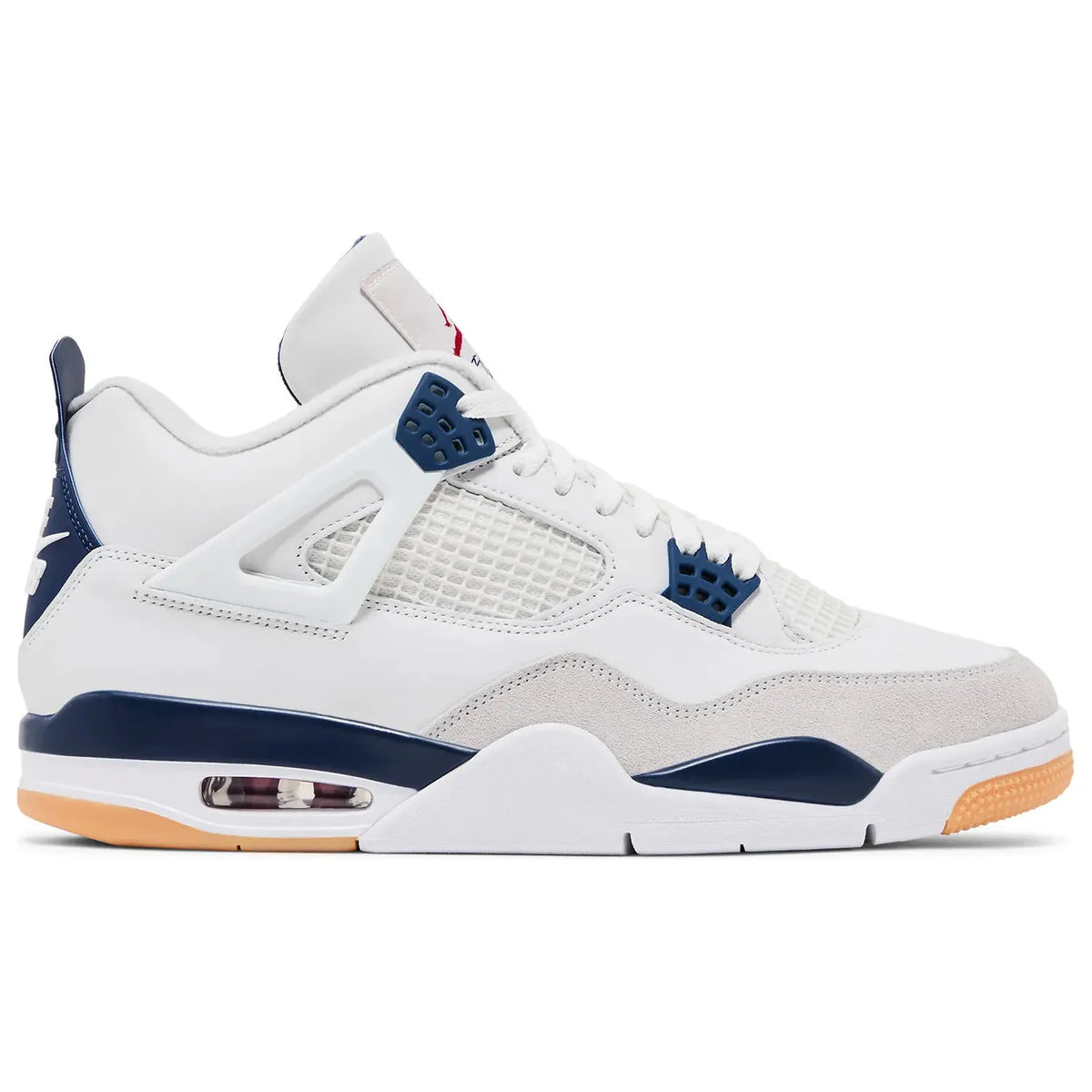Air Jordan 4 Retro SB Navy: White leather mid-top with navy accents, grey suede, red Jumpman, mesh, visible Air, gum sole.