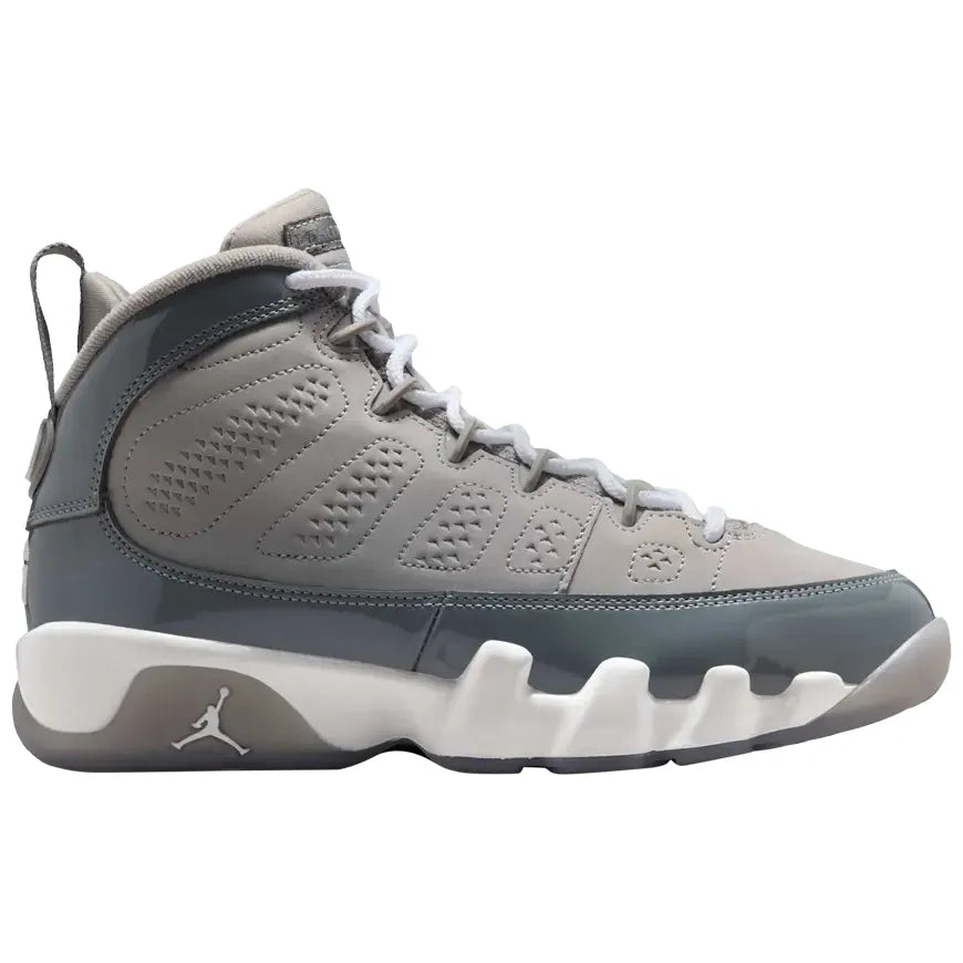 Air Jordan 9 Retro GS "Cool Grey" high-top sneaker. Features light & dark grey, patent leather, white midsole, Jumpman.