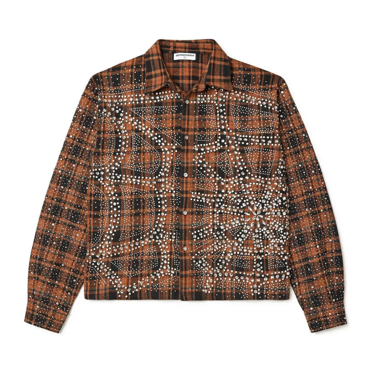 Vale Sports Division brown & black plaid flannel shirt, sparkling with ornate rhinestone patterns.