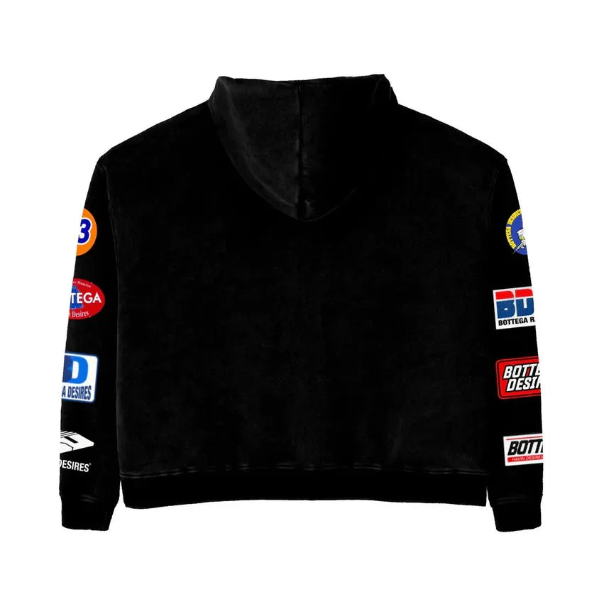 Black Bottega Desires Patches Zip-Up Hoodie, back view, with colorful Bottega Desires logo patches on sleeves.