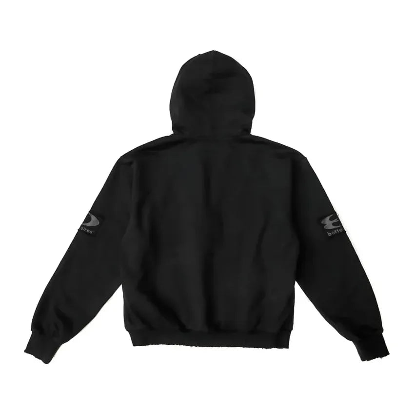 Black Bottega Desires Tech Jacket Hoodie, back view. Hood, ribbed cuffs & hem. Bottega logo right sleeve, Desires logo left sleeve.