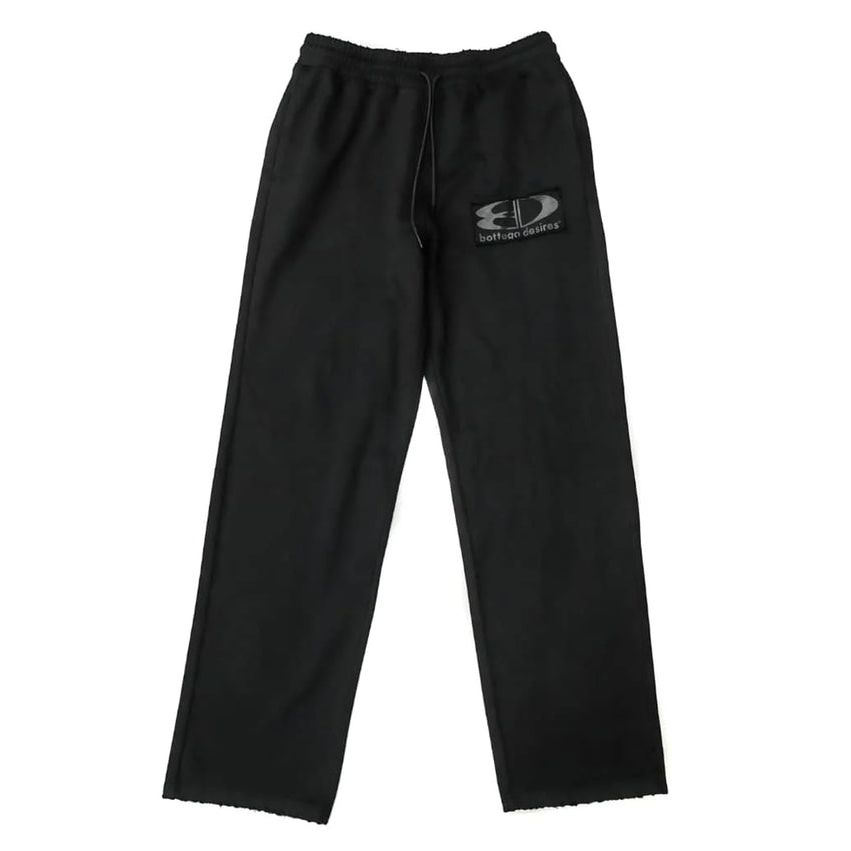 Black Bottega Desires Tech Sweatpants with an elastic drawstring waist and a dark gray BD logo patch on the left thigh.