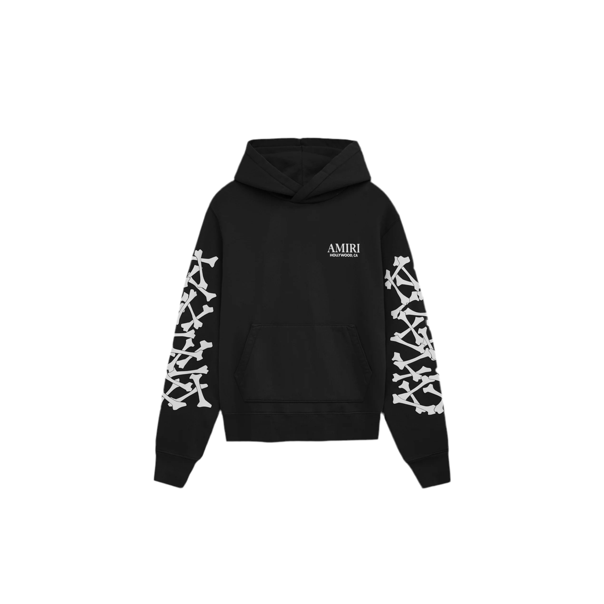 Black AMIRI Bones Stacked Hoodie with white "AMIRI HOLLYWOOD, CA" logo on chest & white stacked bones on sleeves.