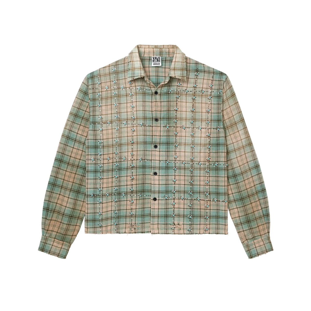 Vale Forever green flannel shirt with teal & tan plaid, featuring turquoise gems in cross patterns & a distressed hem.