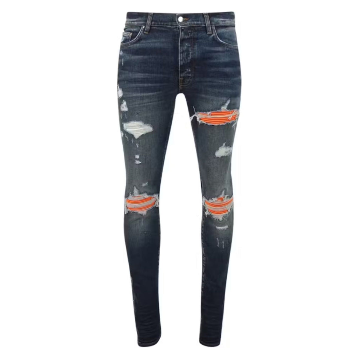 AMIRI MX1 Jean: deep classic dark wash, distressed with orange ribbed Ultrasuede knee patches.