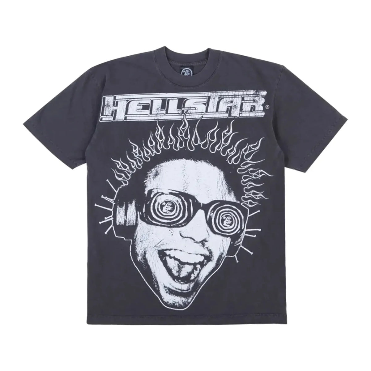 Charcoal Hellstar tee with a distressed white graphic of a person in spiral sunglasses & headphones, open mouth, surrounded by flames.