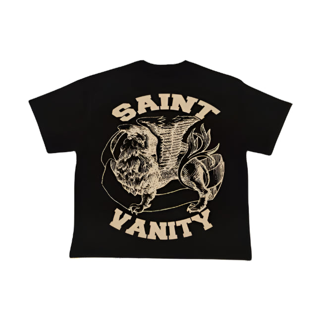 Black Saint Vanity Griffin Tee. Cream graphic features a griffin with "SAINT" above and "VANITY" below, framed by a banner.