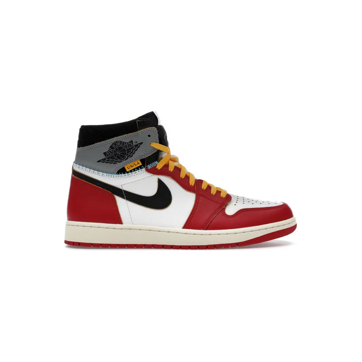 Air Jordan 1 High OG SP Union LA sneaker, red/white/black/grey patchwork design with yellow laces, black swoosh, UN/LA tag & visible stitching.