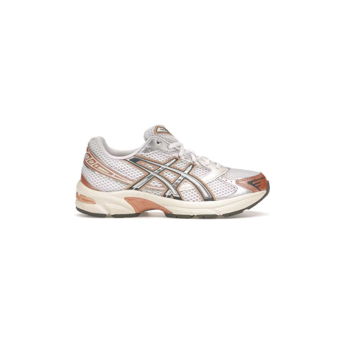 ASICS Gel-1130 sneaker: white mesh upper, pure silver overlays, bronze accents on heel & toe, cream midsole.