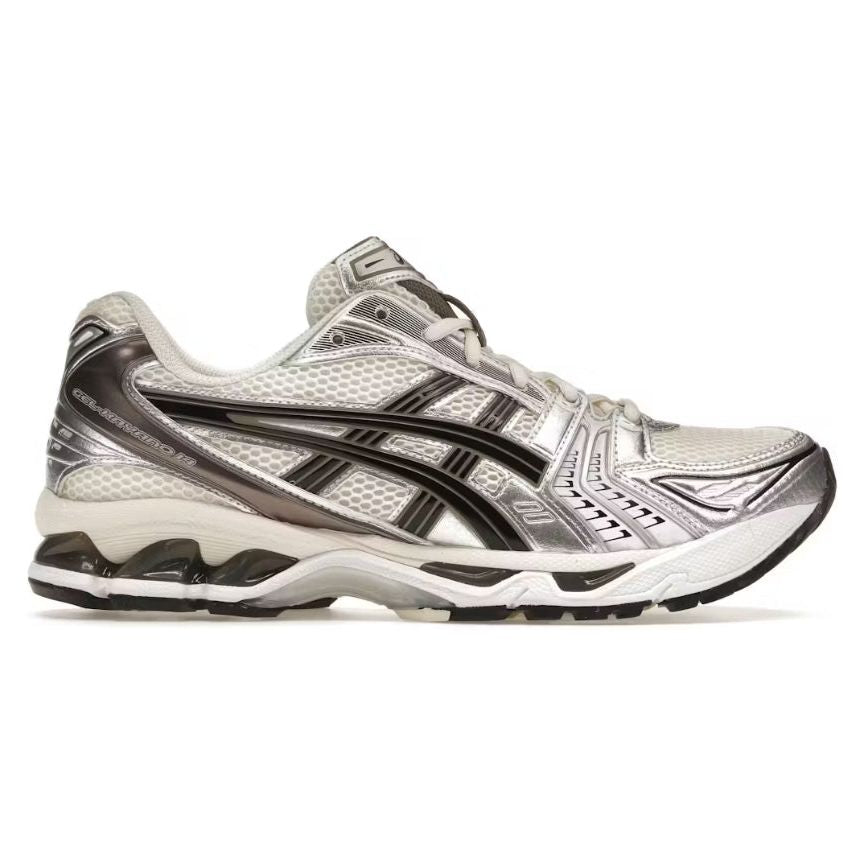 ASICS Gel-Kayano 14 Cream Metallic Plum running shoe, side view. Features cream mesh, metallic plum overlays, black ASICS stripes, and visible Gel cushioning.