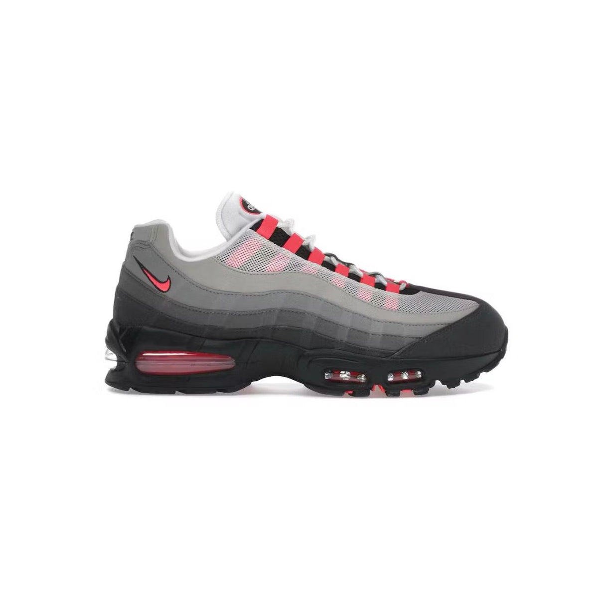 NIKE Air Max 95 OG Big Bubble: gradient grey layered upper, black sole, Solar Red 2.0 laces, swoosh & air units.