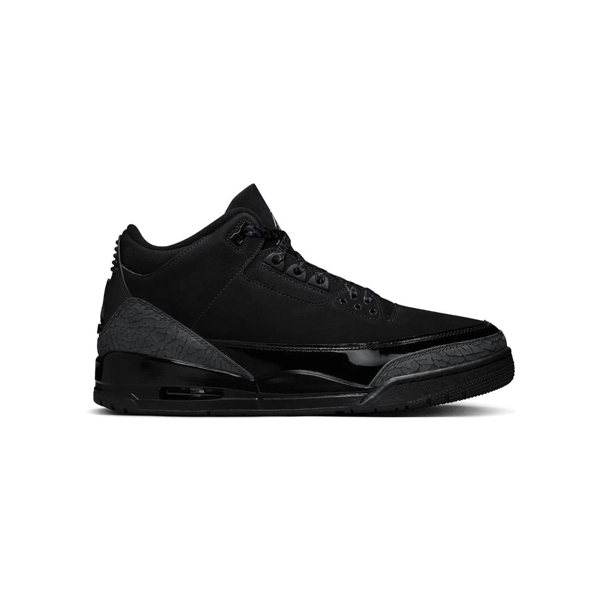 All-black Air Jordan 3 sneaker with matte nubuck upper, glossy patent leather mudguard, and textured elephant print.