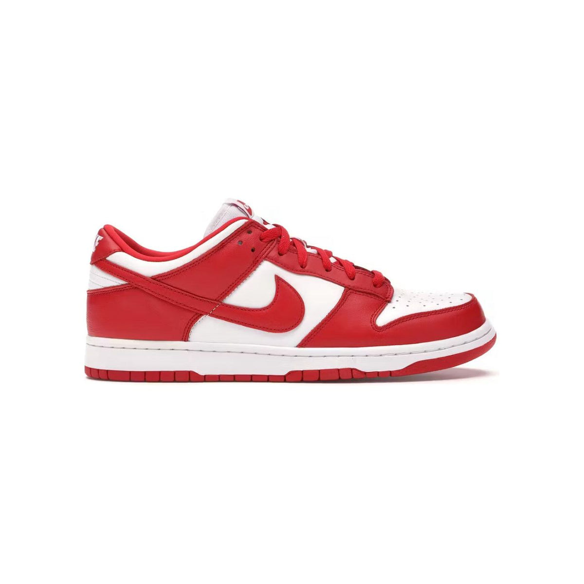 NIKE Dunk Low St. John red & white leather low-top sneaker with red laces, Swoosh, white midsole, & red outsole.