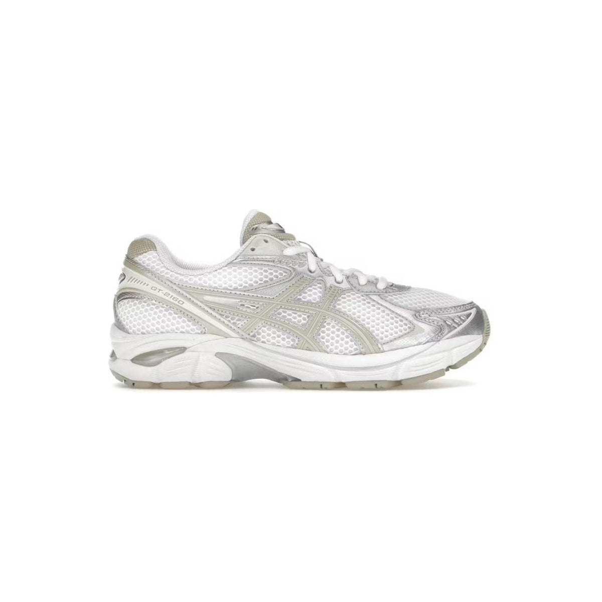 ASICS GT-2160 running shoe in white putty with a mesh upper, metallic silver overlays, and light gray sole.