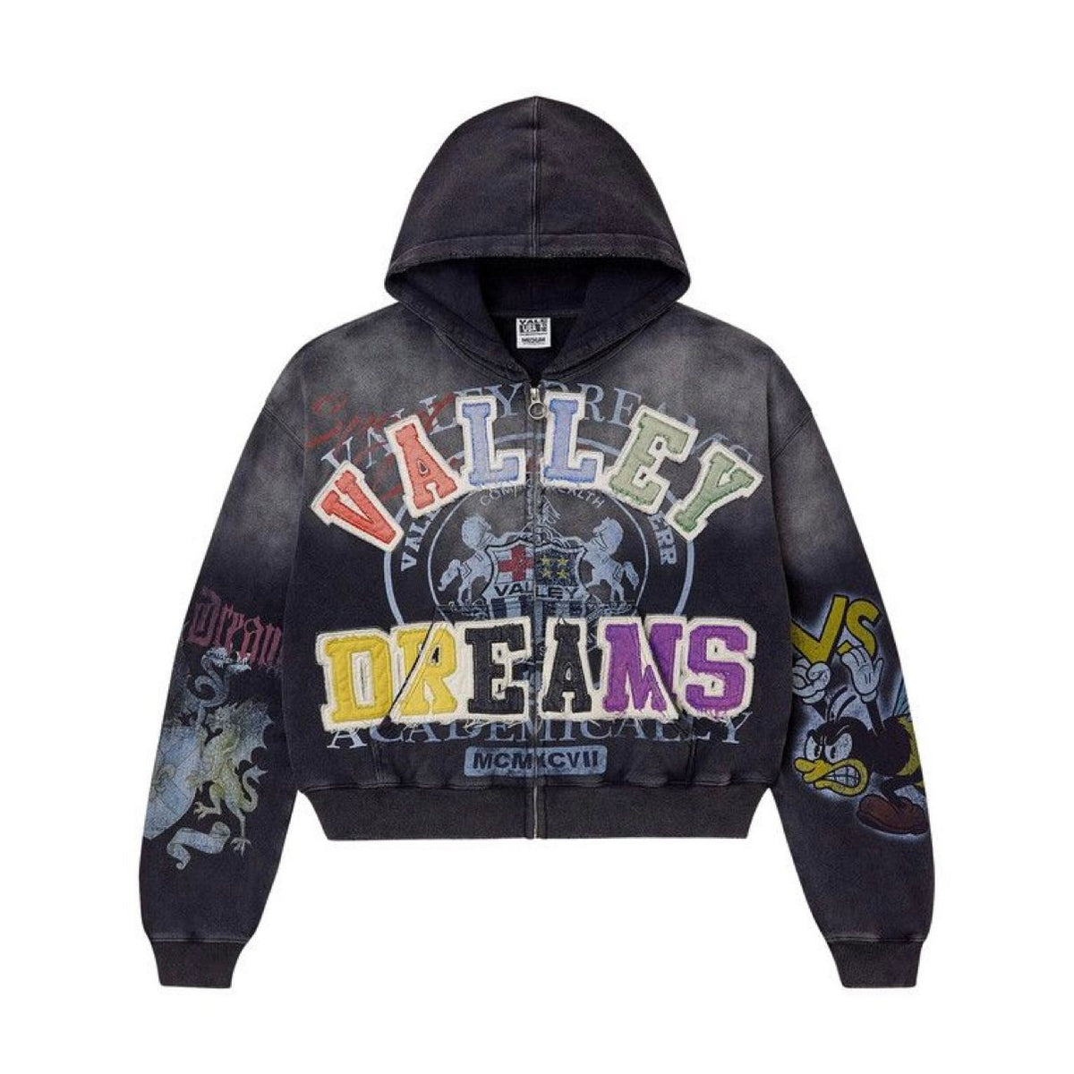 Vale Forever Blasted Zip Up: Faded black hoodie with colorful 'VALLEY DREAMS' patches, shield logo, dragon, and bee cartoons.