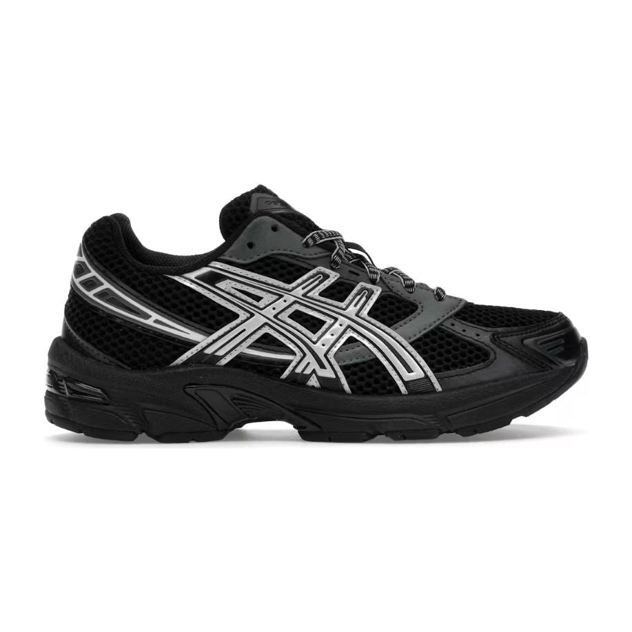 ASICS Gel-1130 Black Glacier running shoe. Black mesh upper with silver ASICS stripes, grey trim, and black sole.