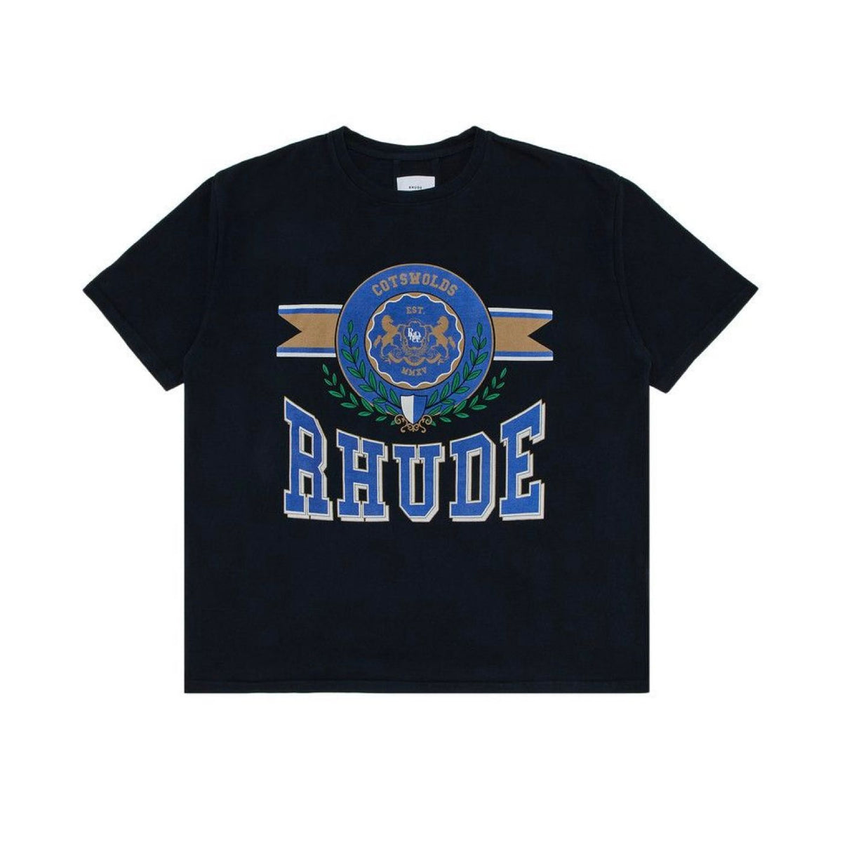 Black Rhude Cotswold tee with central blue "Rhude" text. Above it, a blue/gold "Cotswolds" crest with two lions & green leaves.