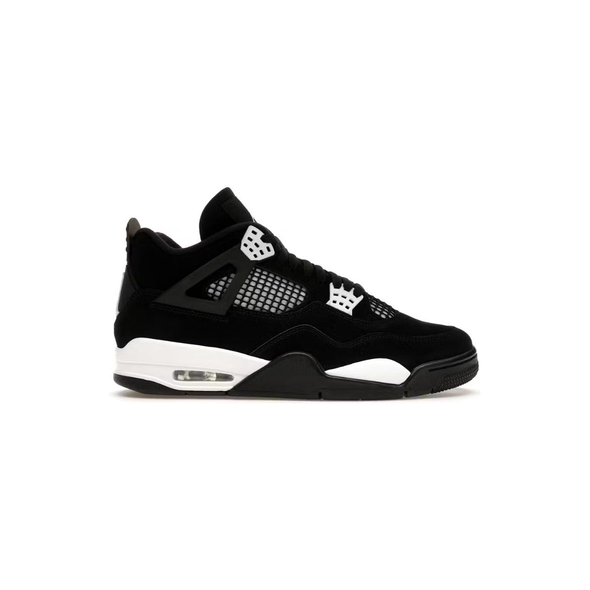 Air Jordan 4 Retro sneaker: Black nubuck upper, white mesh, white eyelet wings, white midsole with visible Air unit.