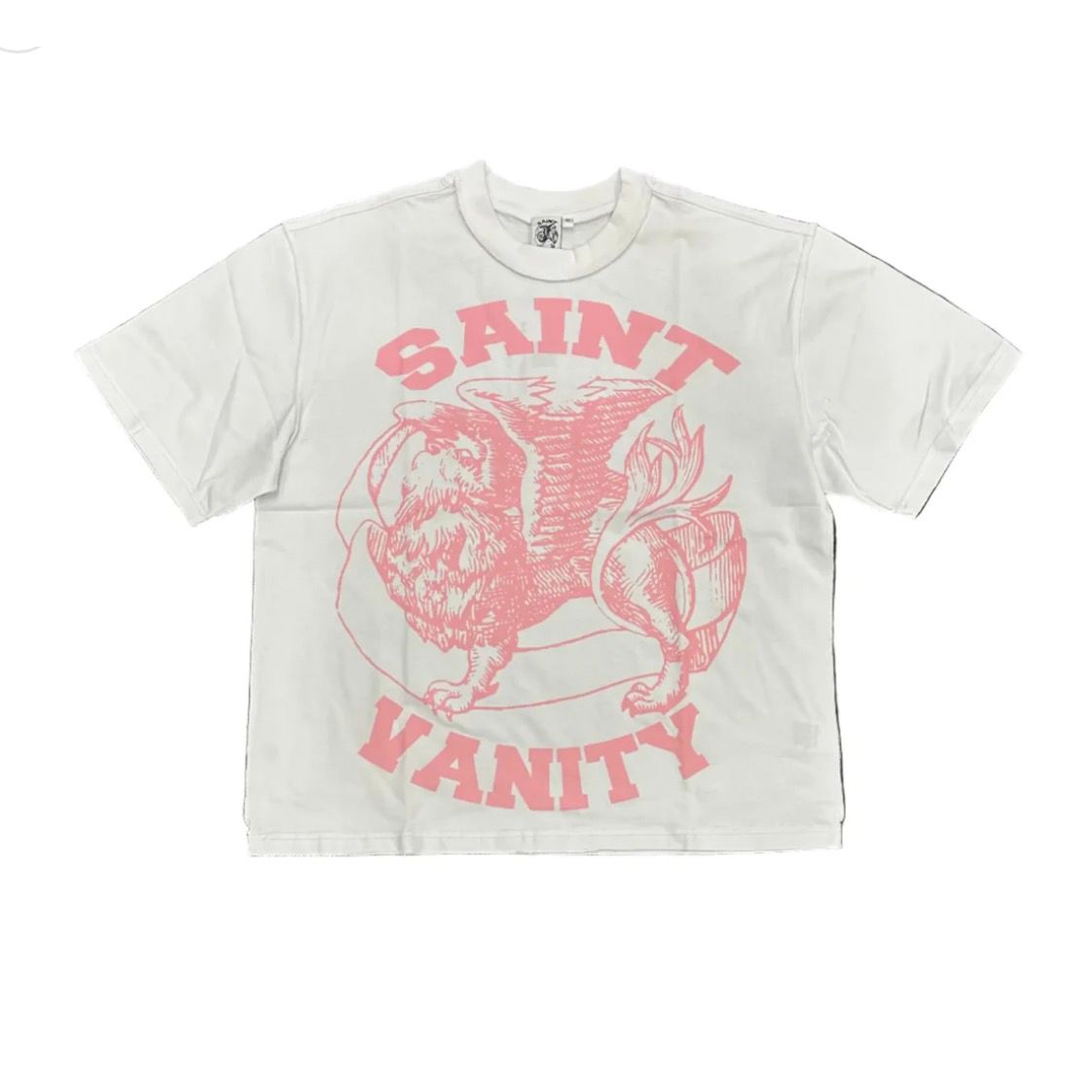 White Saint Vanity tee with a large pink graphic of a griffin flanked by "SAINT" and "VANITY" text.