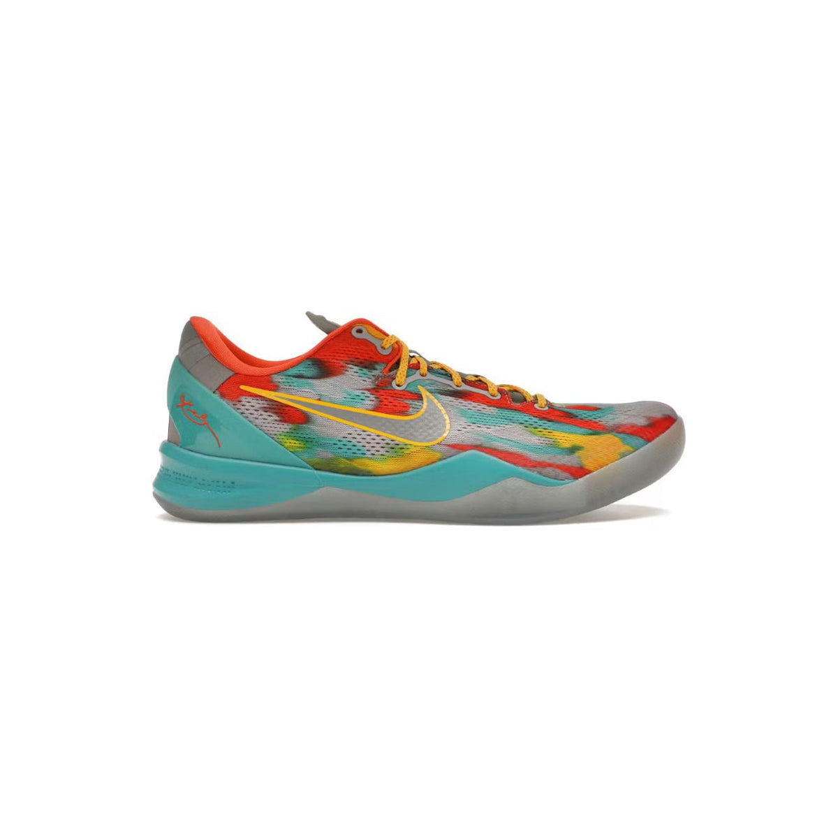 NIKE Kobe 8 Protro Venice Beach: mesh upper with vibrant red, orange, yellow, aqua, gray tie-dye. Silver swoosh, yellow laces, teal heel.