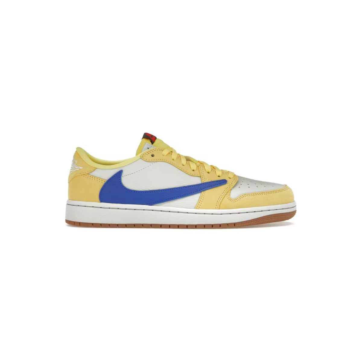 Air Jordan 1 Low Retro x Travis Scott sneaker. Canary yellow, white, & blue with reversed Swoosh & brown sole.