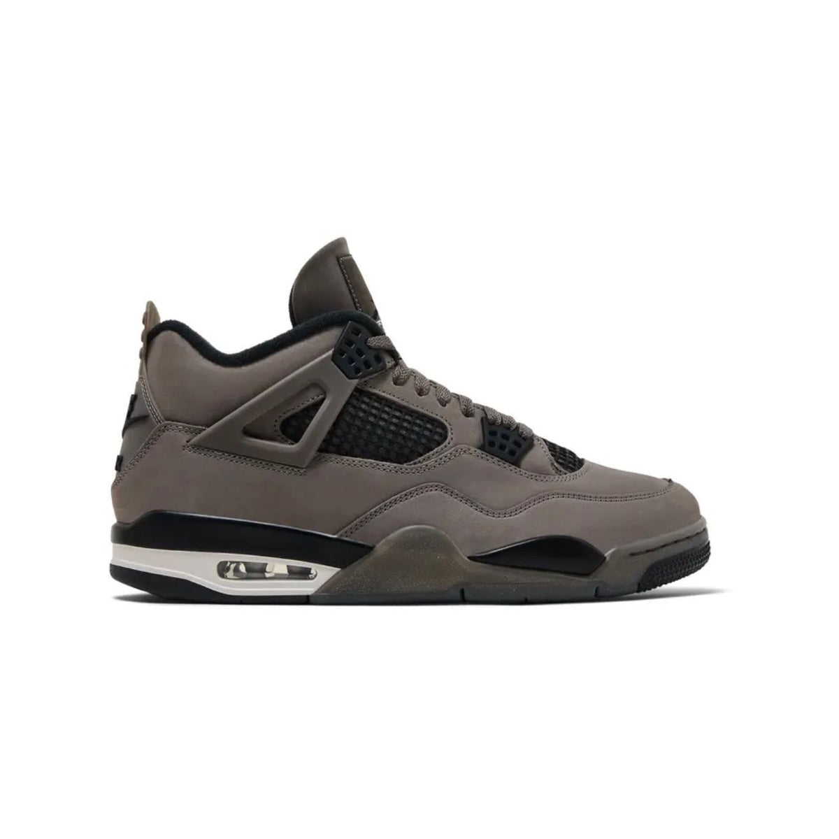 Air Jordan 4 Retro Cavestone sneaker: dark grey-brown upper with black mesh, wing eyelets, and white/black midsole with visible Air unit.