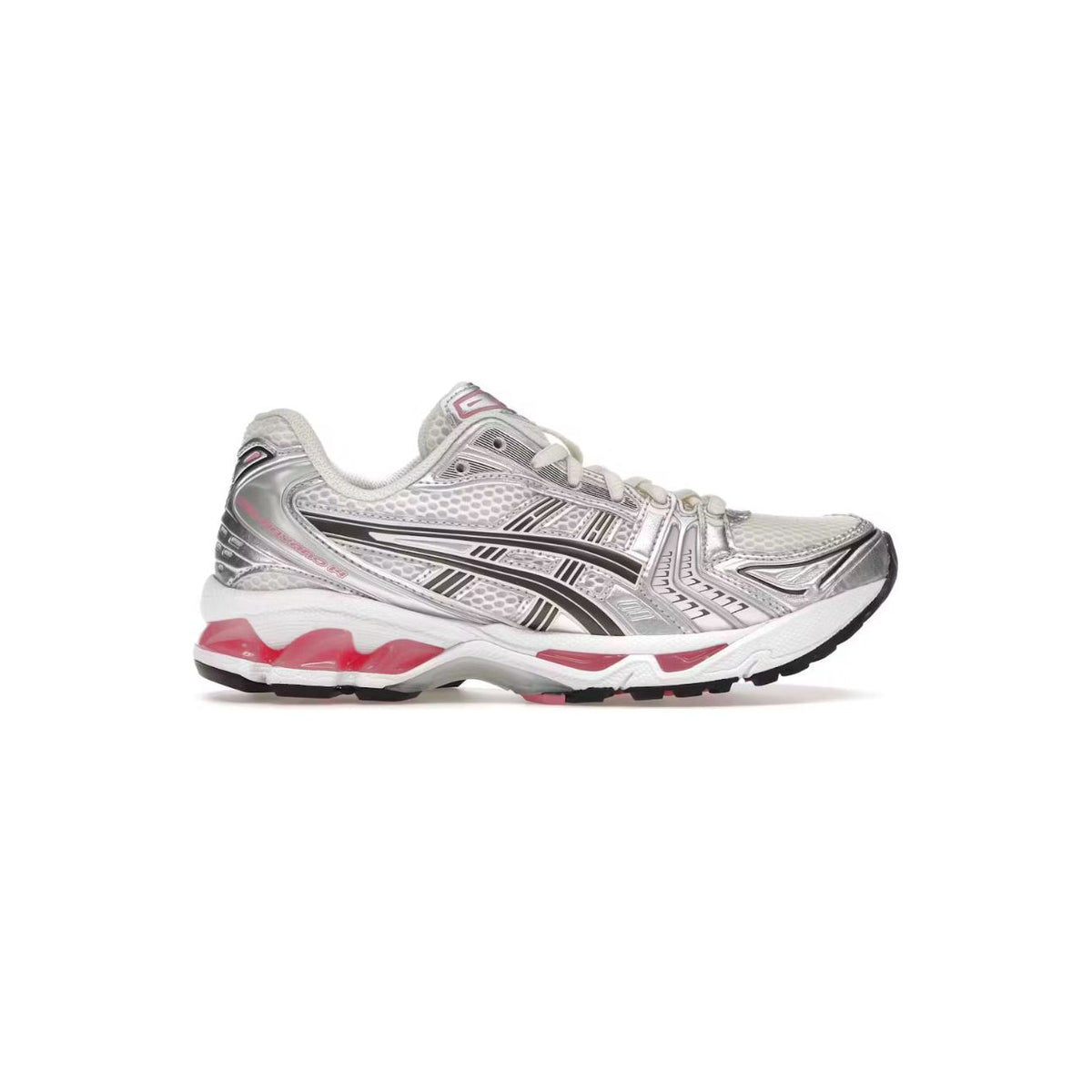 ASICS Gel-Kayano 14 sneaker: Metallic silver overlays over cream mesh with black stripes & sweet pink GEL cushioning.