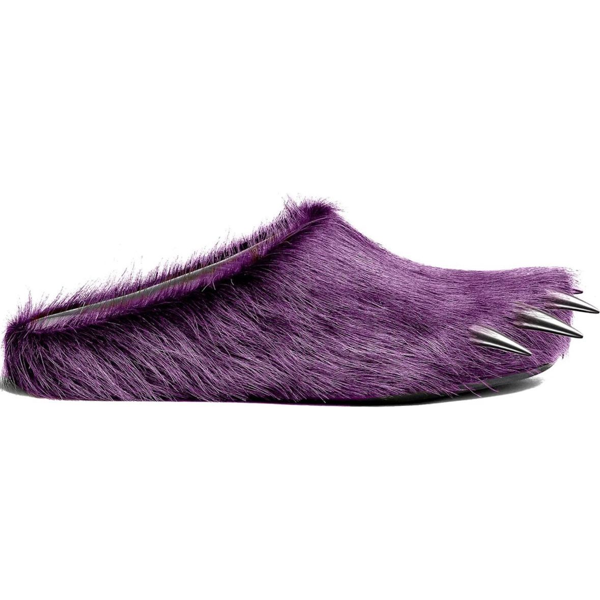 Purple furry mule styled as a bear paw, with three shiny silver claws at the toe.