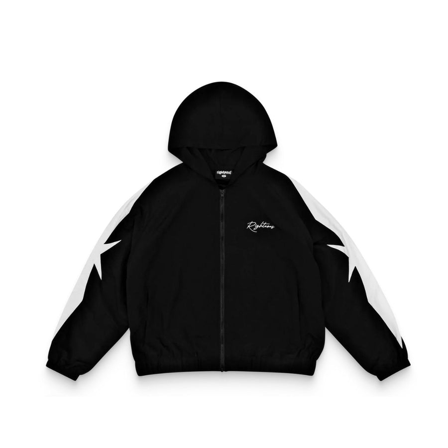 We Are Righteous Black Kingdom Track Jacket with hood, full zip, white starburst sleeves, and 'Righteous' script on chest.