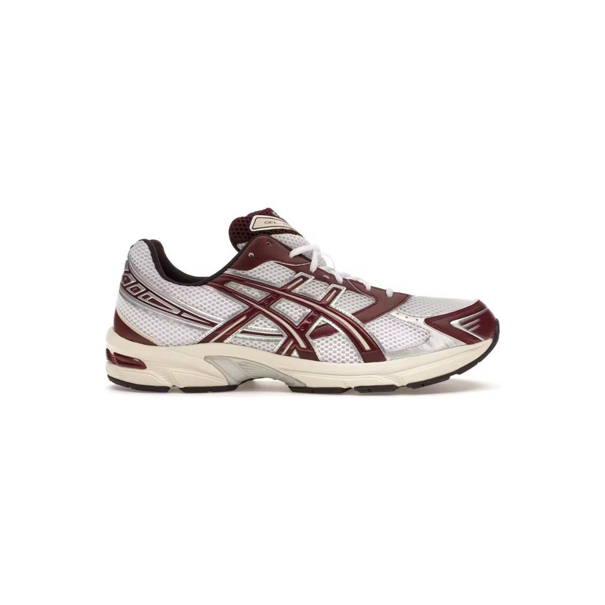 ASICS Gel-1130 running shoe with white mesh & silver upper, bold maroon ASICS stripes, and a light cream midsole.