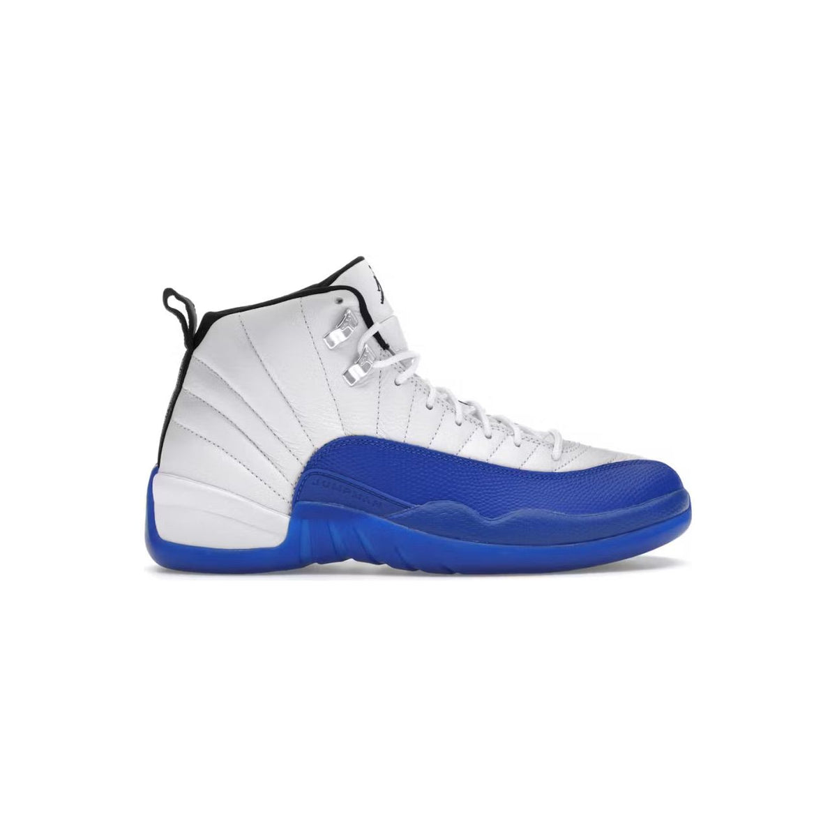 Air Jordan 12 Retro "Blueberry" high-top sneaker. White ribbed leather upper, royal blue mudguard and sole, black trim.