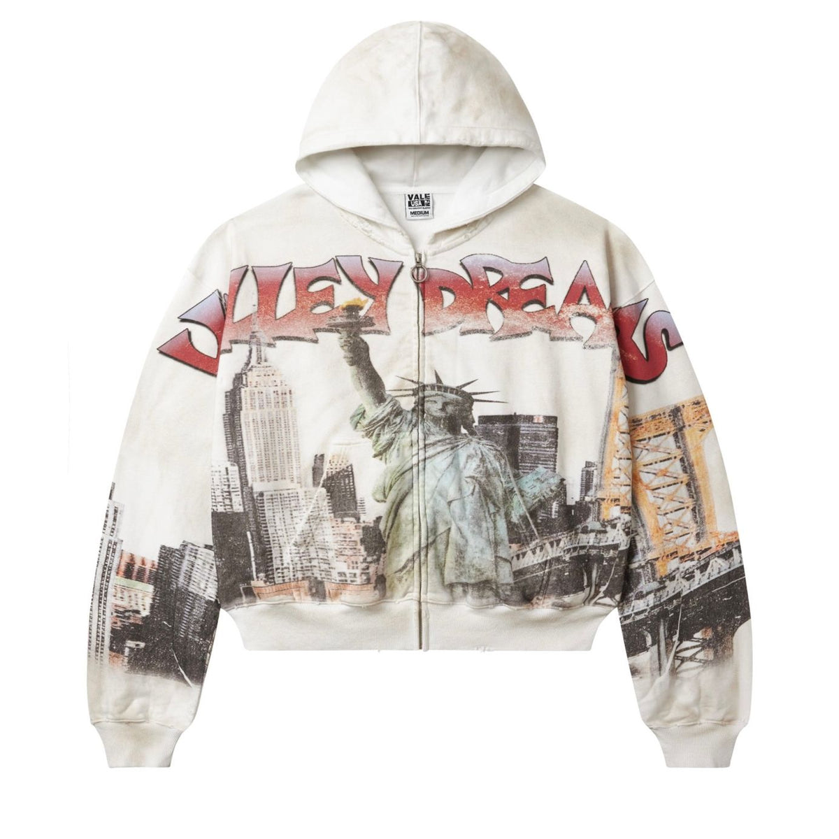 VALE NYC white zip-up hoodie with distressed Statue of Liberty, skyline, bridge graphic & red "VALLEY DREAMS" text.