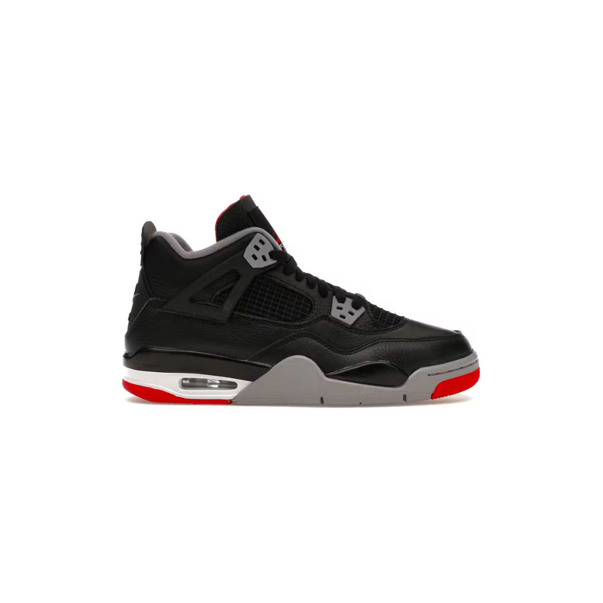 Air Jordan 4 Retro 'Bred Reimagined' GS: Black leather upper, grey wings, red accents, white midsole with visible Air unit.