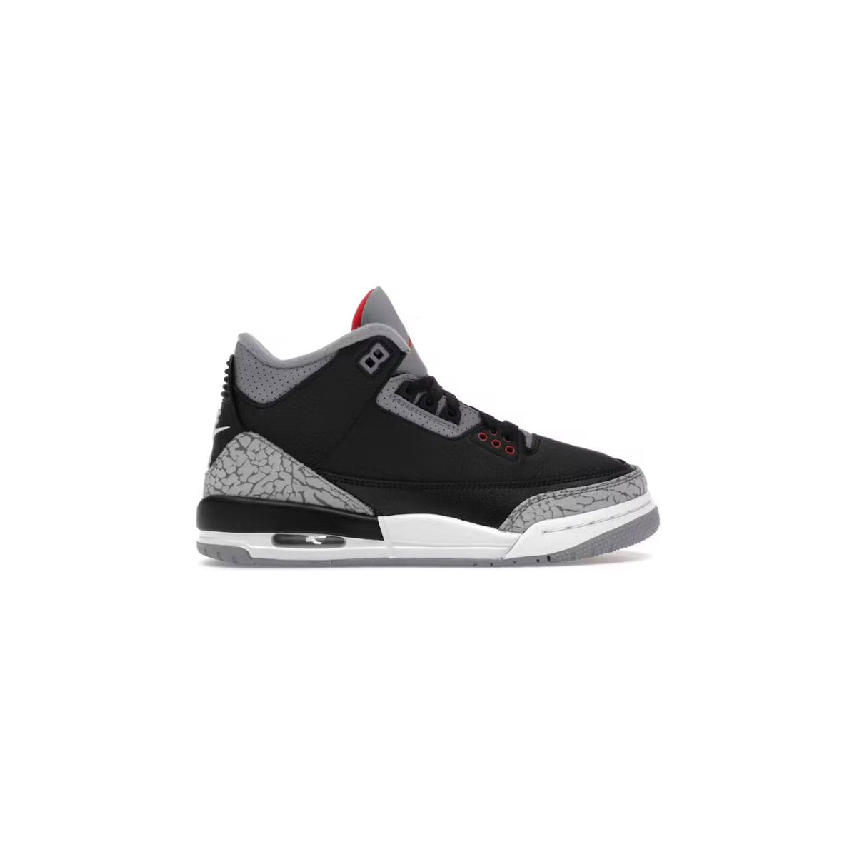Air Jordan 3 GS Black Cement sneaker. Black leather upper, grey elephant print overlays, white midsole, red accents.
