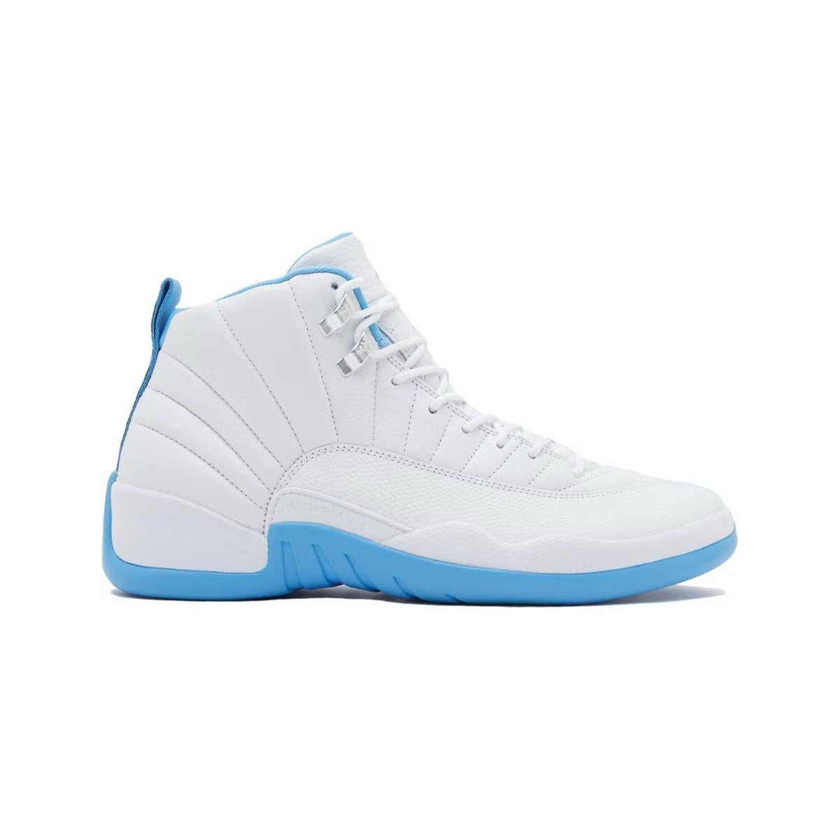 Air Jordan 12 Retro "Melo" white leather high-top sneaker with light blue sole, heel tab, lining, and silver eyelets.