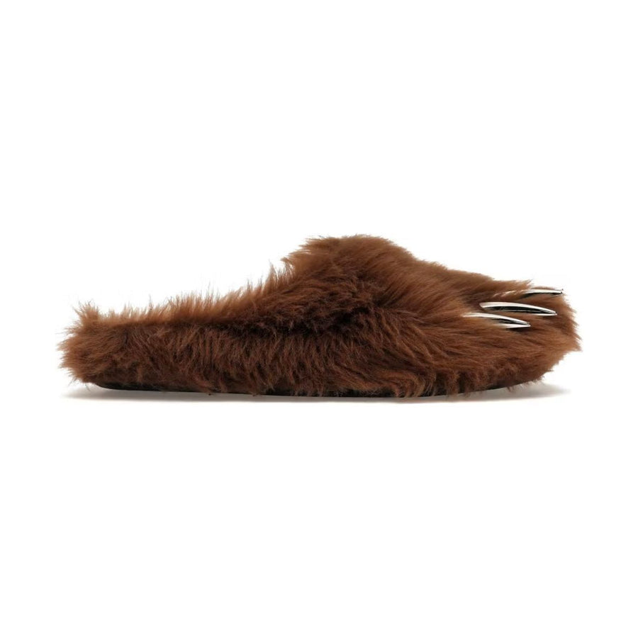 Bravest Studio brown furry Bear Claw Mule with three silver metallic claws at the toe.