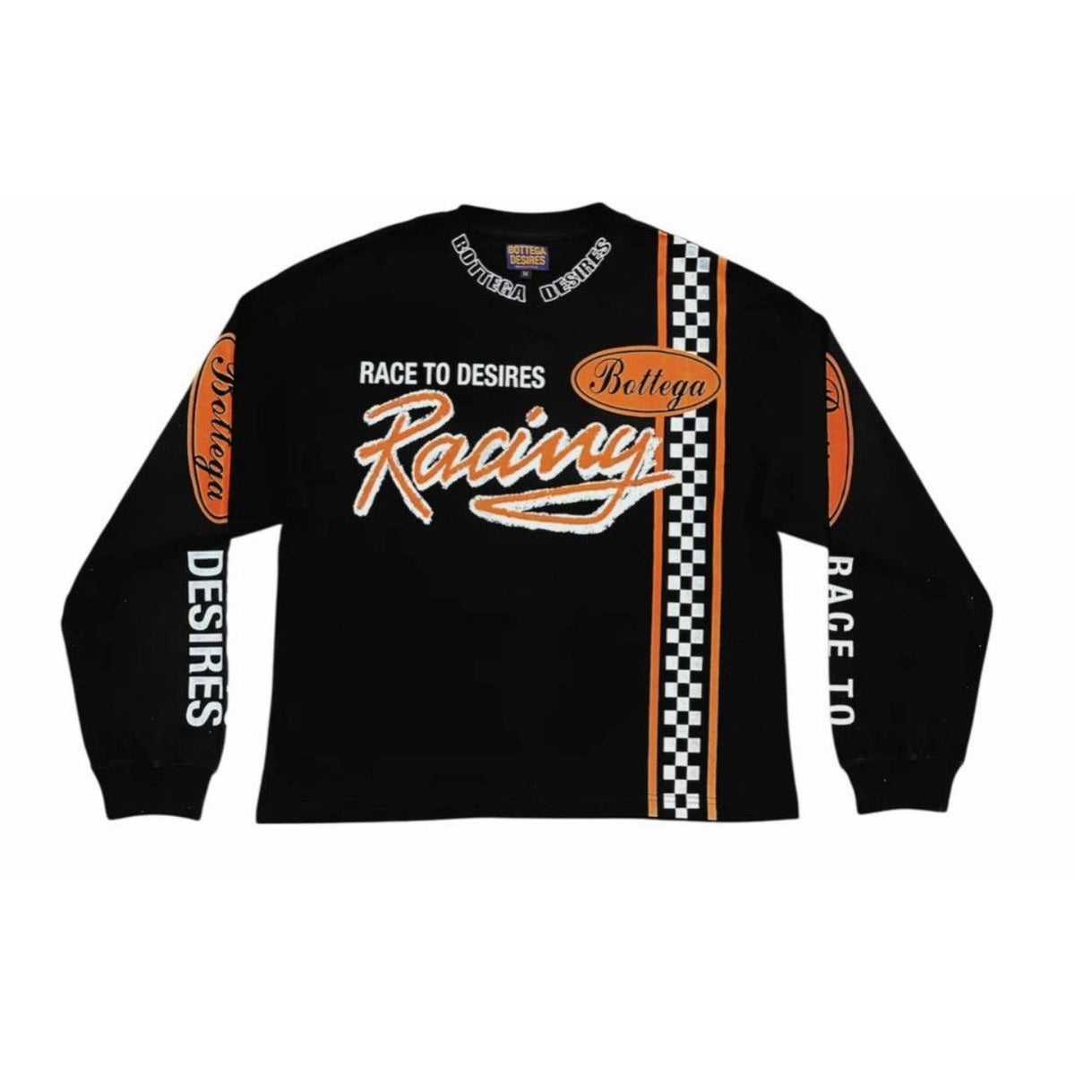 Black Bottega Desires Race long sleeve tee. Front: orange/white 'Racing' text. Right: checkered stripe. Left: 'Bottega DESIRES' text.