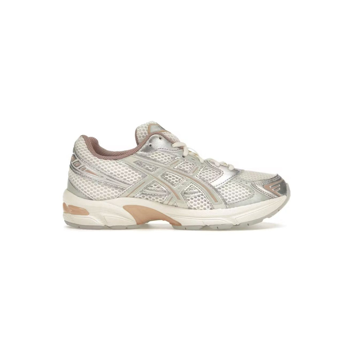 ASICS Gel-1130 sneaker: Cream mesh upper, light sage metallic overlays, cream midsole, and peachy-brown lining.