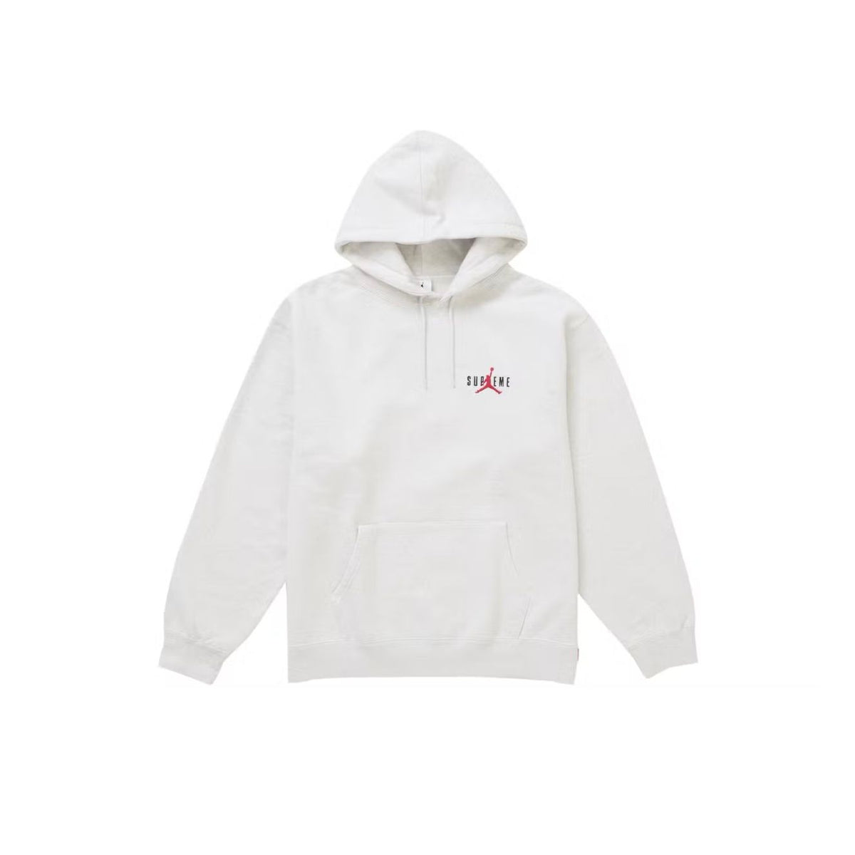 Ash grey Supreme Jordan hooded sweatshirt with a red Jumpman logo replacing the 'R' in "SUPREME" text and a front kangaroo pocket.
